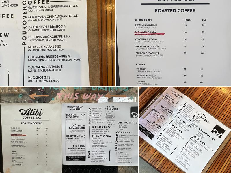 Alibi Coffee Co. Menu
