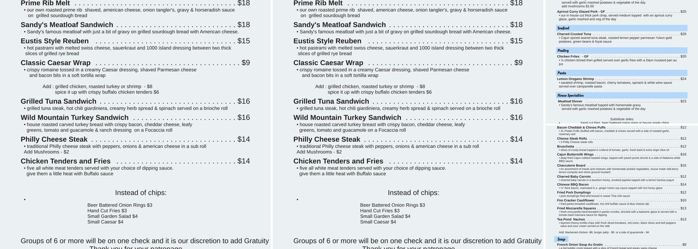 Tea Pond Lodge & Cabins Menu