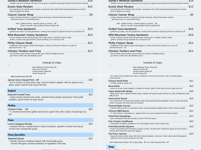 Tea Pond Lodge & Cabins Menu