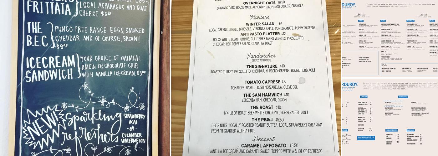 Sawdust Road (Corduroy) Menu