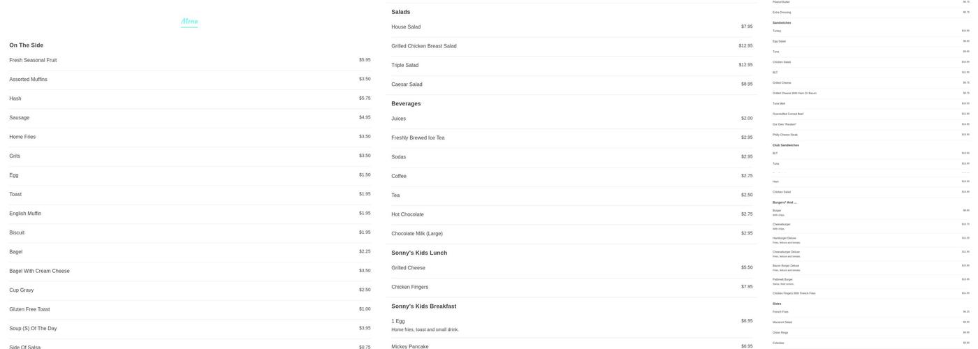 Sonny Side Up Menu
