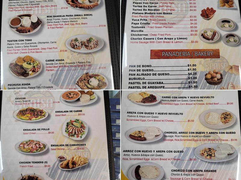 Donde El Paisa Restaurant & Bakery Menu