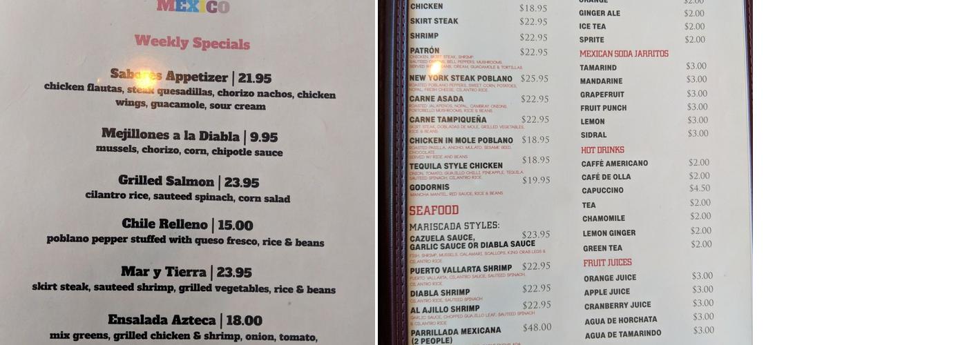 Sabores De Mexico Menu
