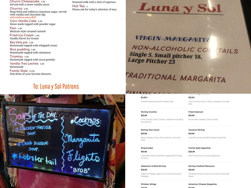 Luna Y Sol Mexican Restaurant Menu