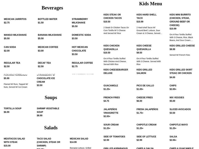 Mexitacos Restaurant and Grill Menu