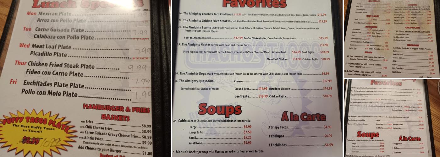Chacho's Tacos Menu
