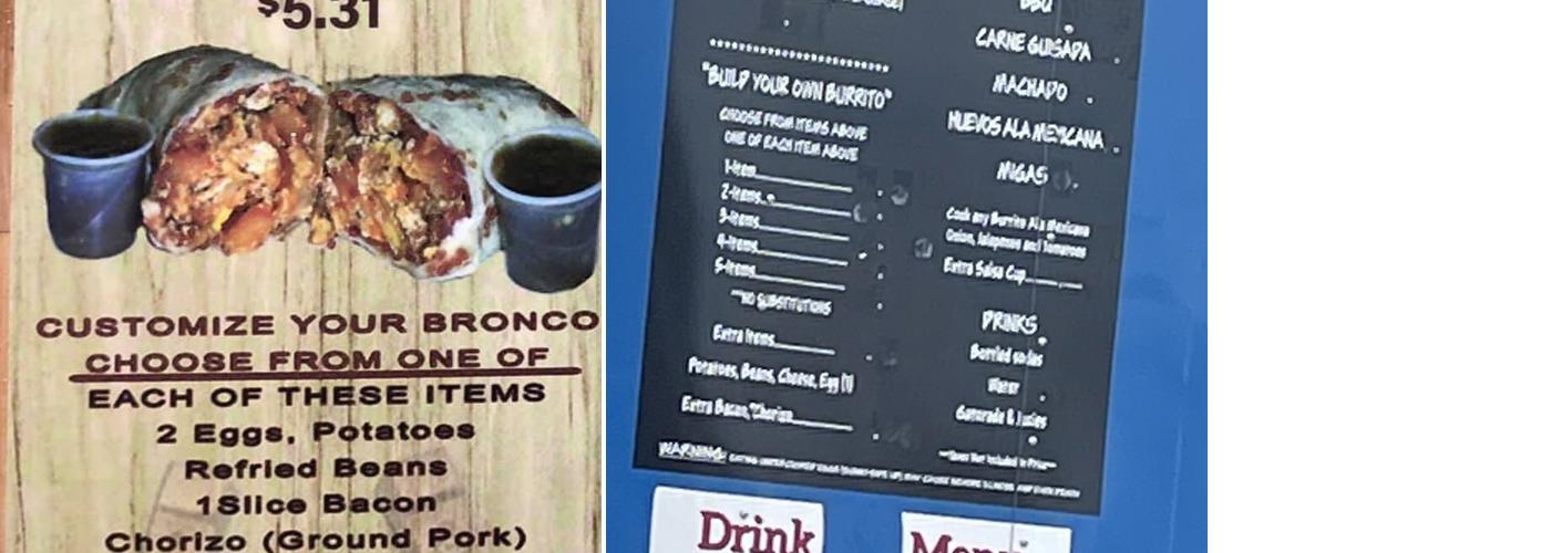 Bronco Burritos Menu