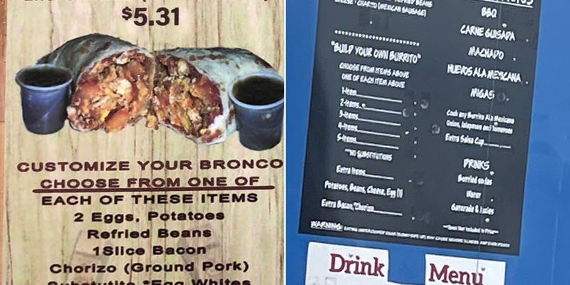 Bronco Burritos Menu