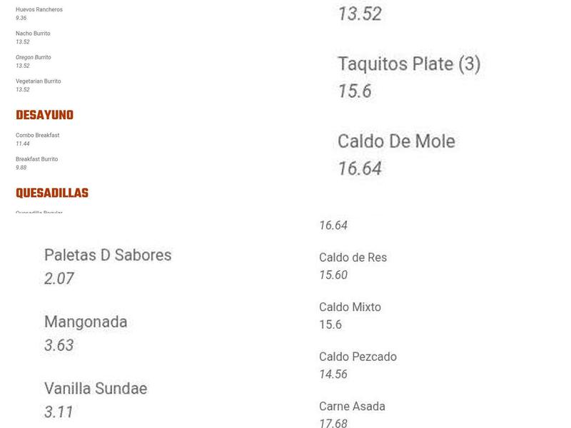 Taqueria Las Palomas Menu