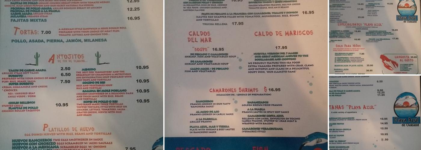 Playa Azul Menu