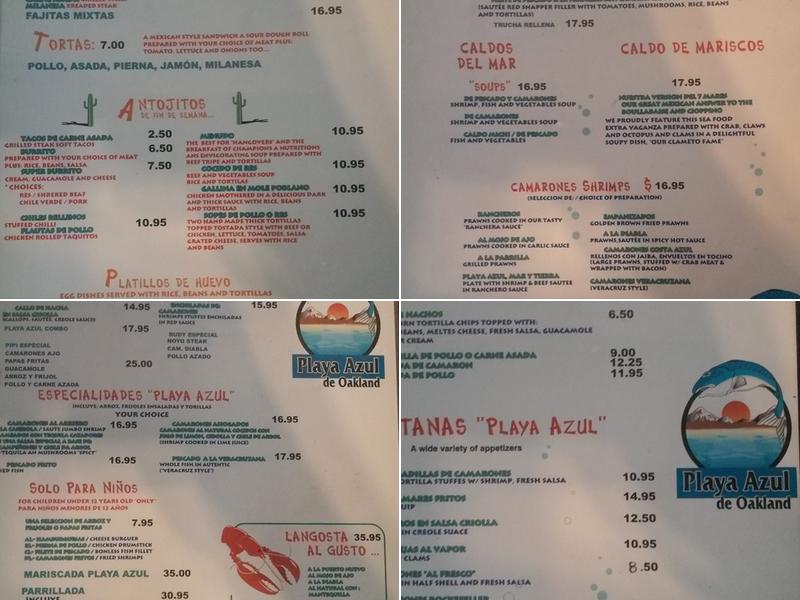 Playa Azul Menu