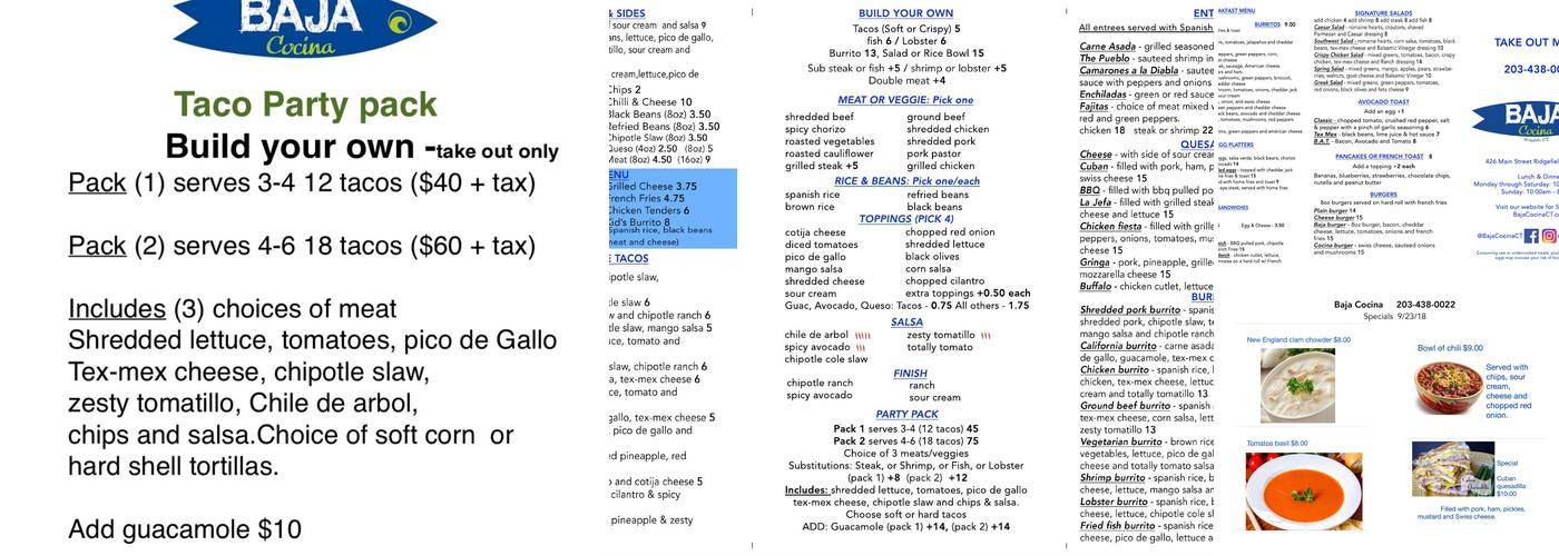 Baja Cocina Menu