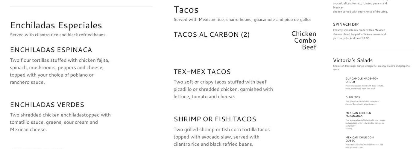 Victoria's Mexican Grill and Bar Menu