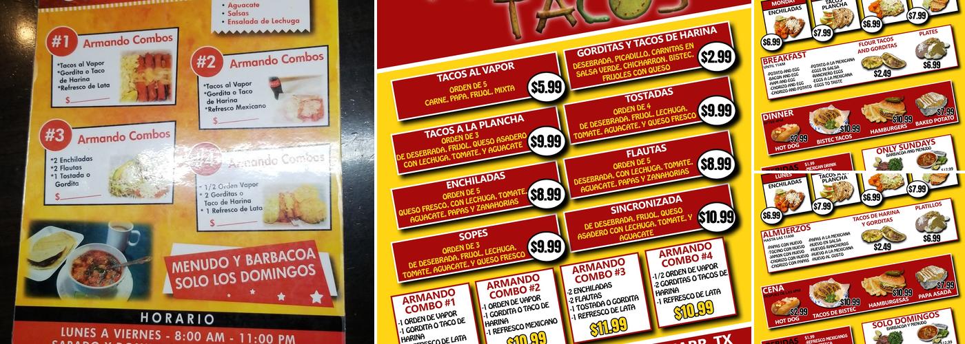 Armando Tacos Menu