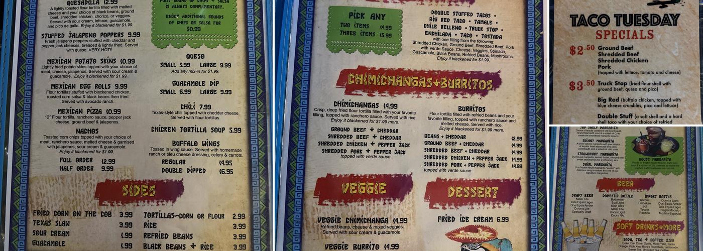PR's Taco Palace and Margarita Bar Menu