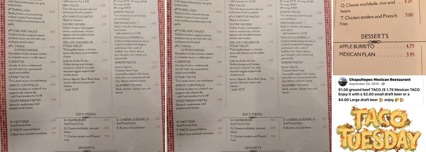 Chapultepec Mexican Restaurant Menu
