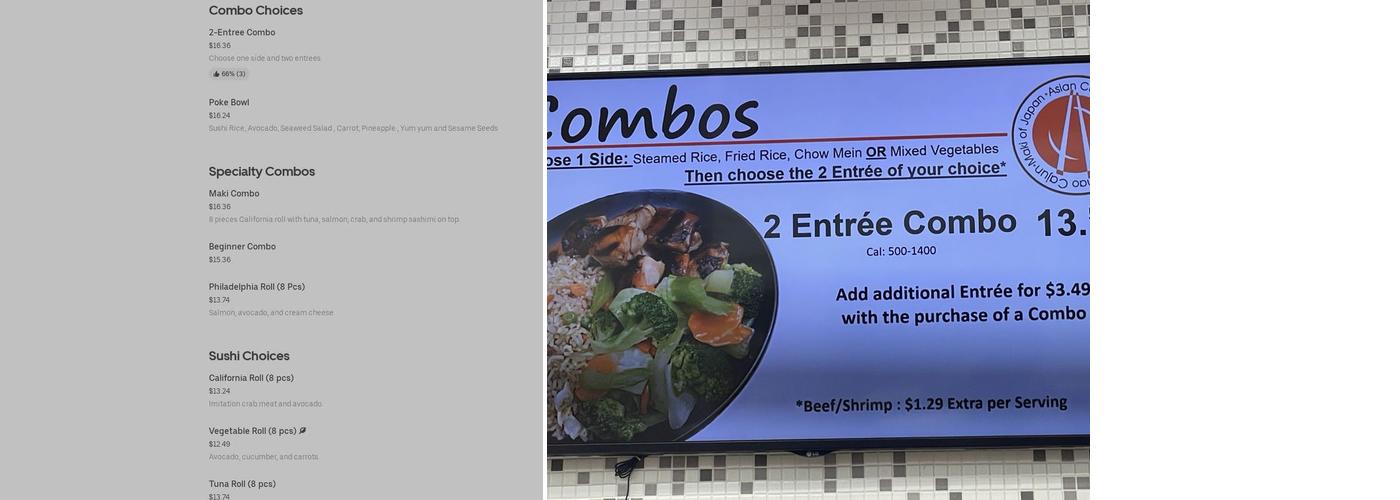 Tobu Oriental Eatery Menu