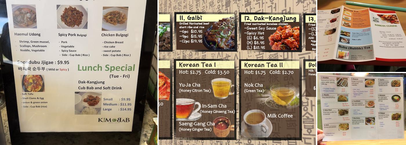 KIM and BAB Korean Cuisine Menu