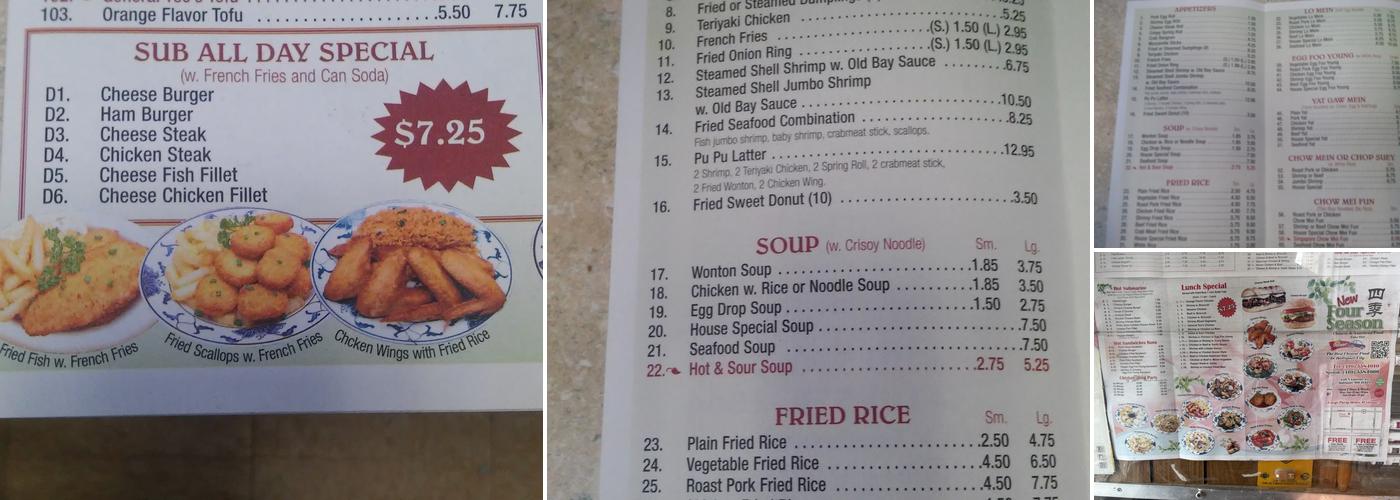 Four Seasons Chinese Food and Sandwiches Menu