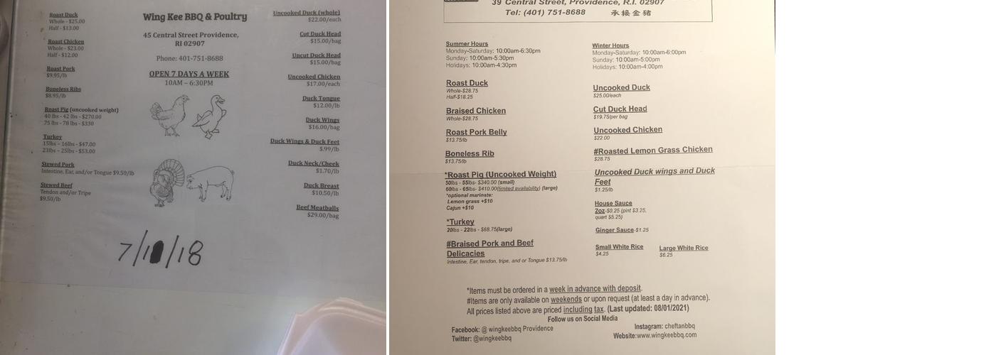 New Wing Kee Barbeque/Poultry Menu