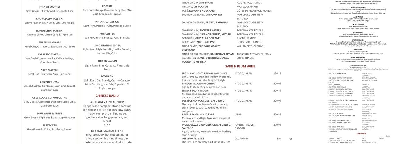 Feng Shui Menu