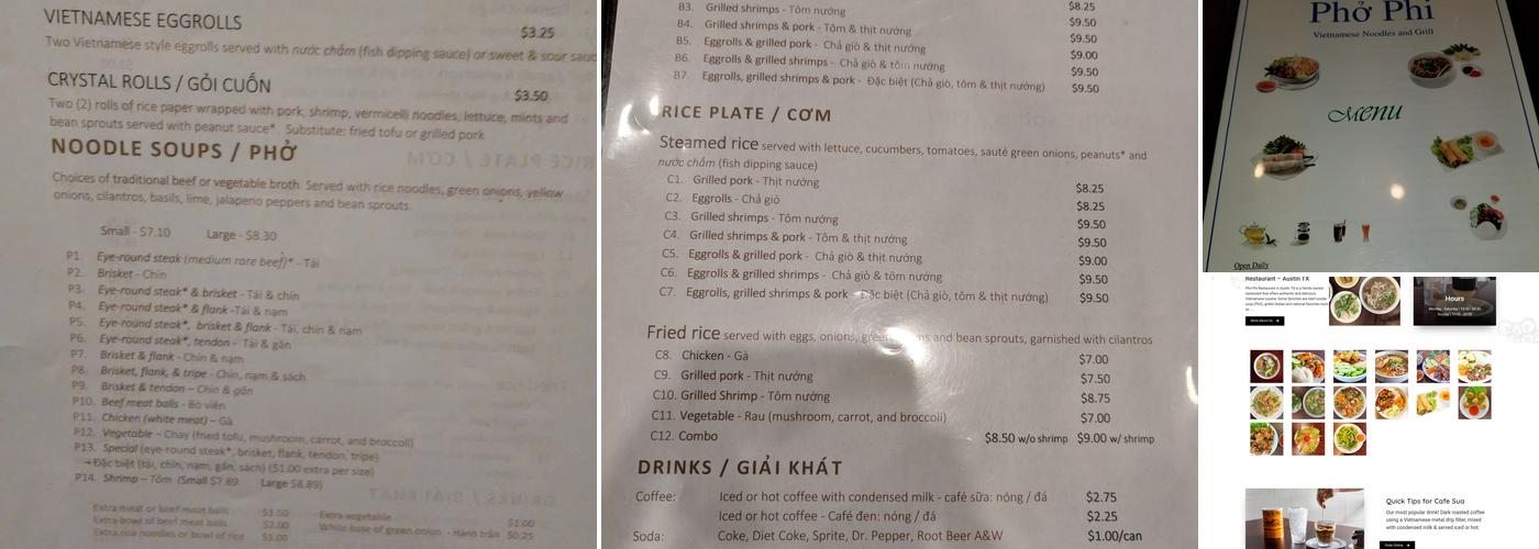 Phở Phi Restaurant Menu