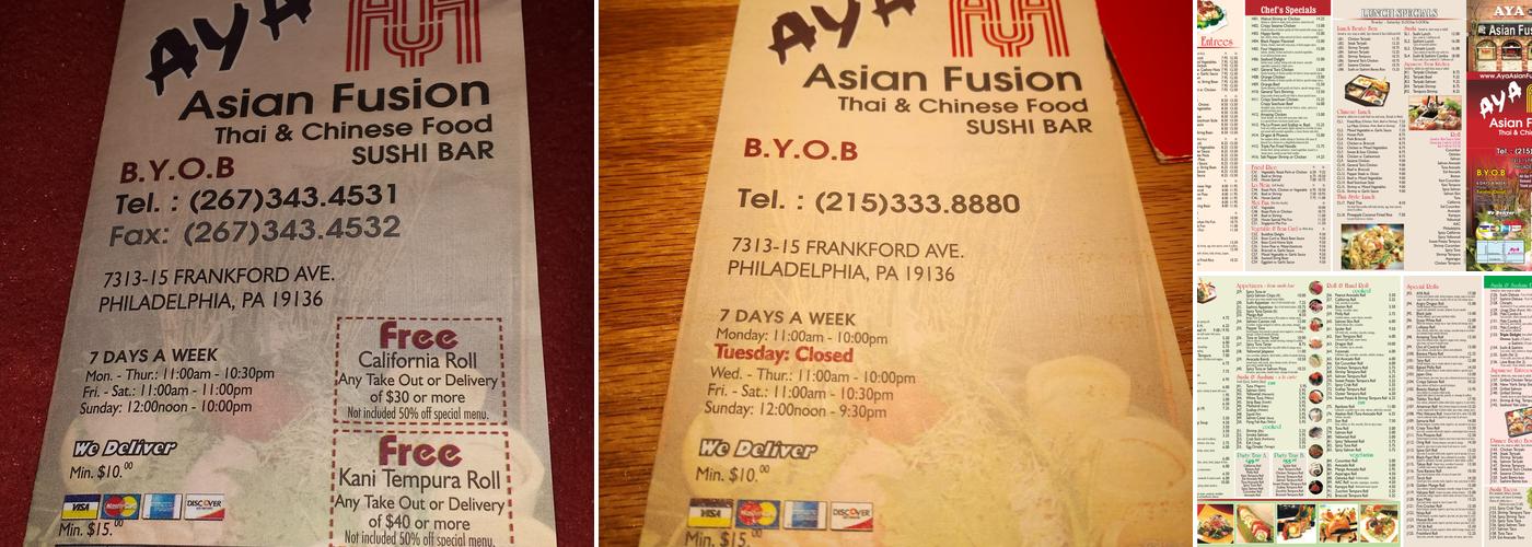 Aya Asian Fusion Menu