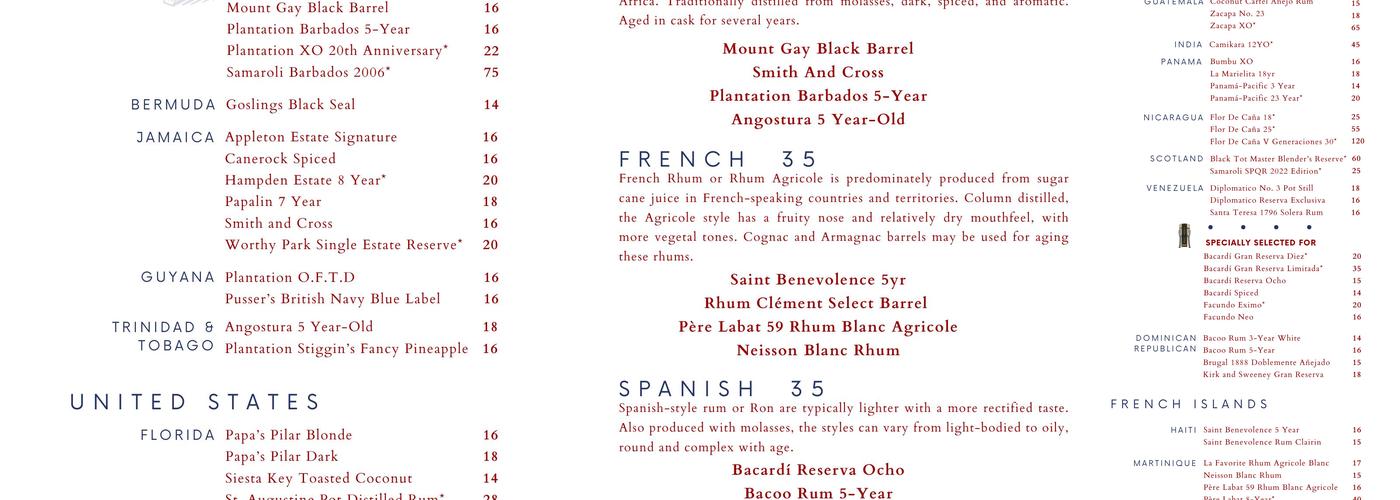 Tropicale Menu