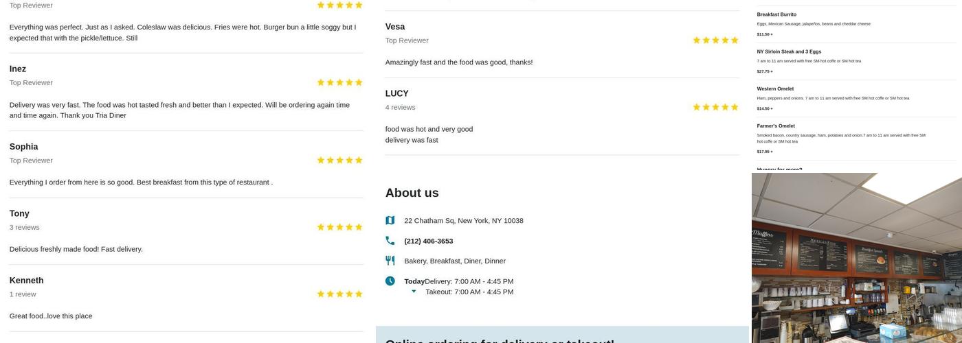 Tria Bakery Cafe Diner Menu