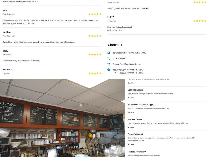 Tria Bakery Cafe Diner Menu