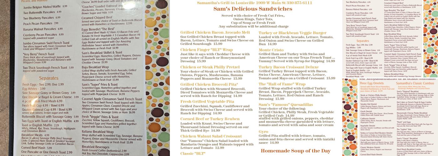 Samantha's Sunny Corner Restaurant Menu