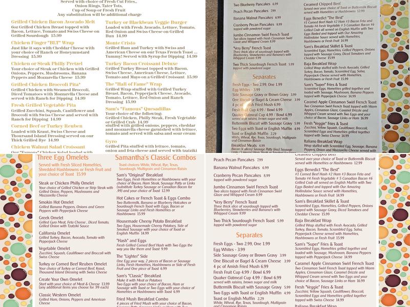 Samantha's Sunny Corner Restaurant Menu