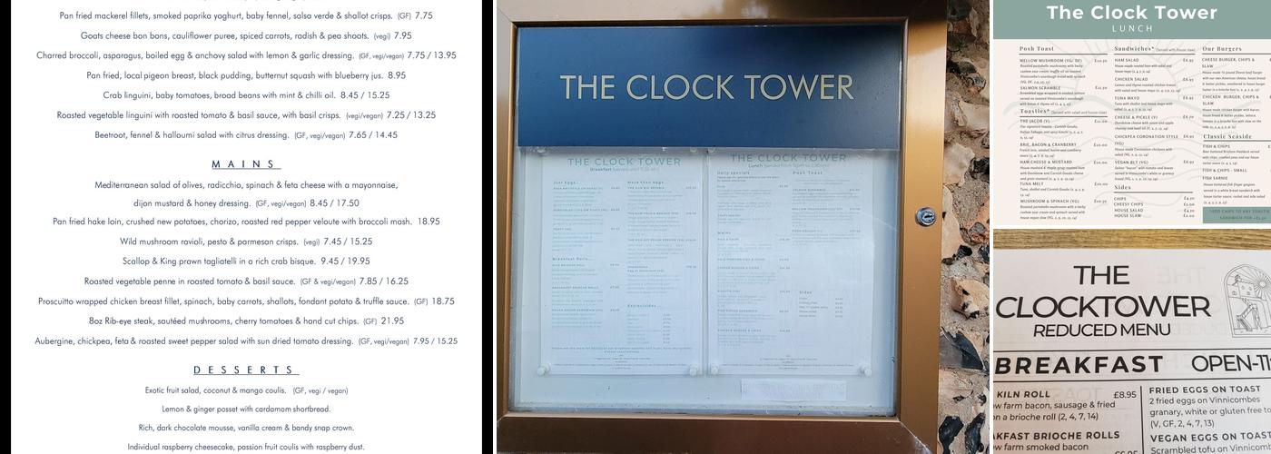 The Clock Tower, Sidmouth Menu