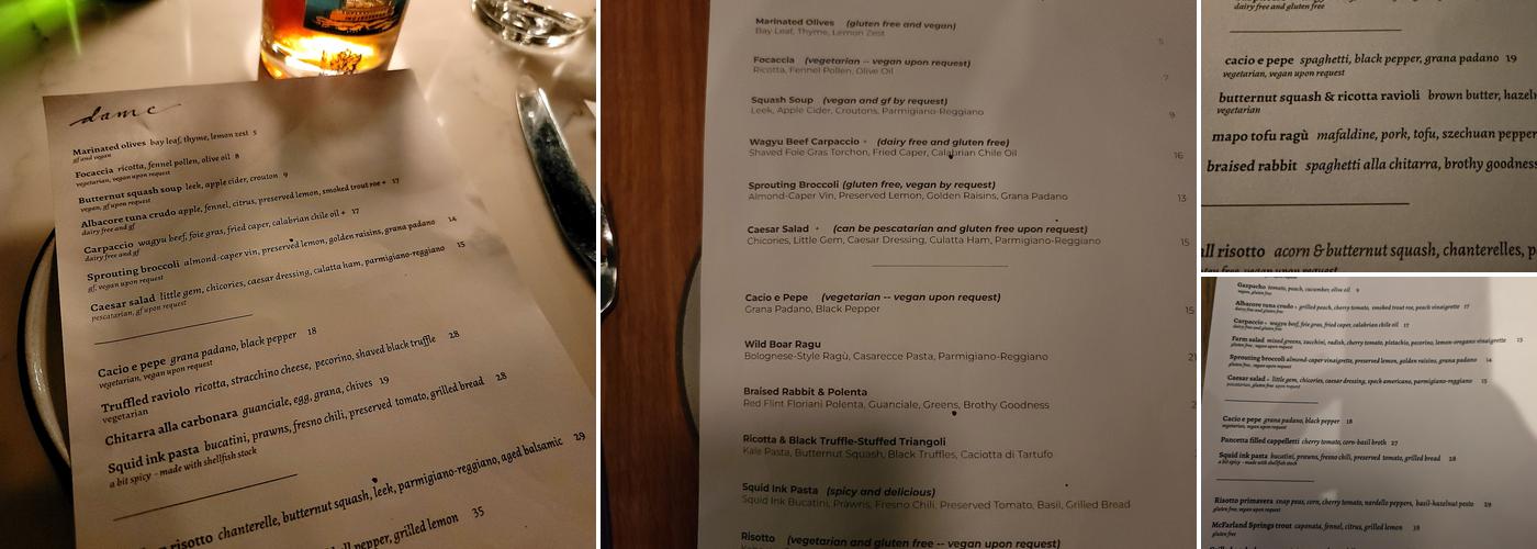 DAME Menu
