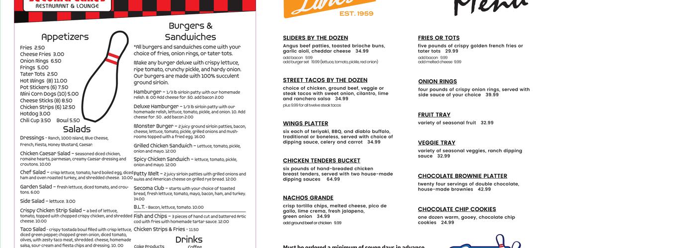Secoma Lanes Menu