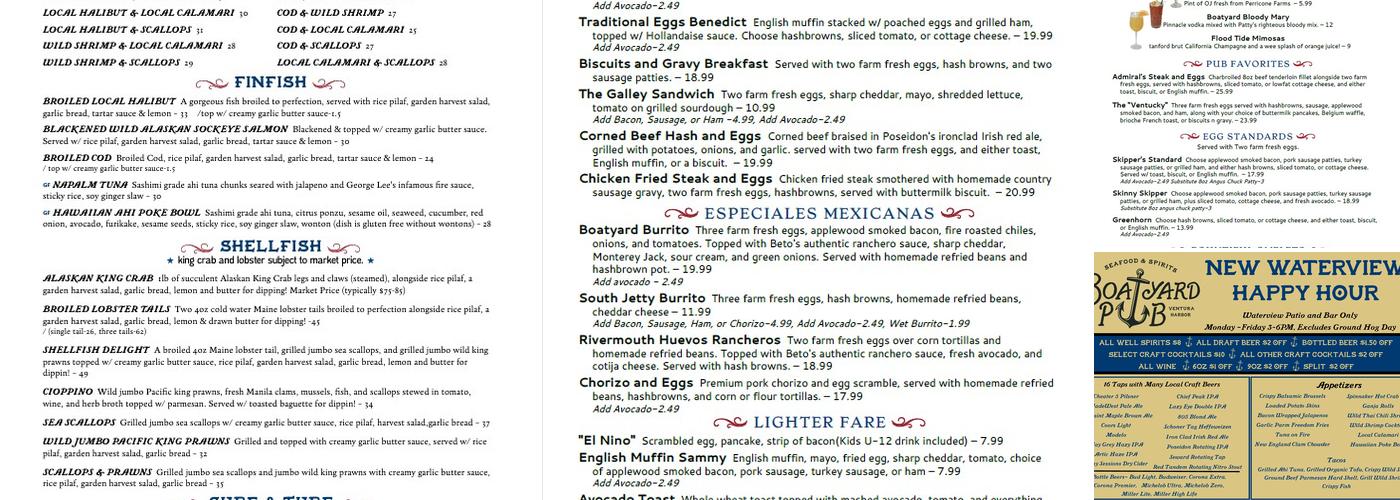 Boatyard Pub Menu
