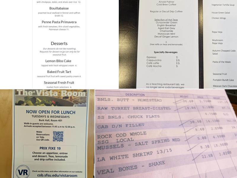 The Vista Room Menu