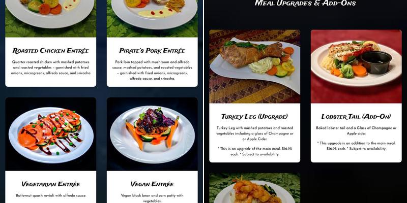 Pirates Dinner Adventure Menu