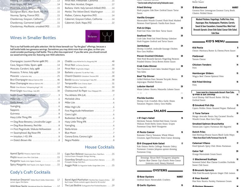 Cap's On the Water Menu