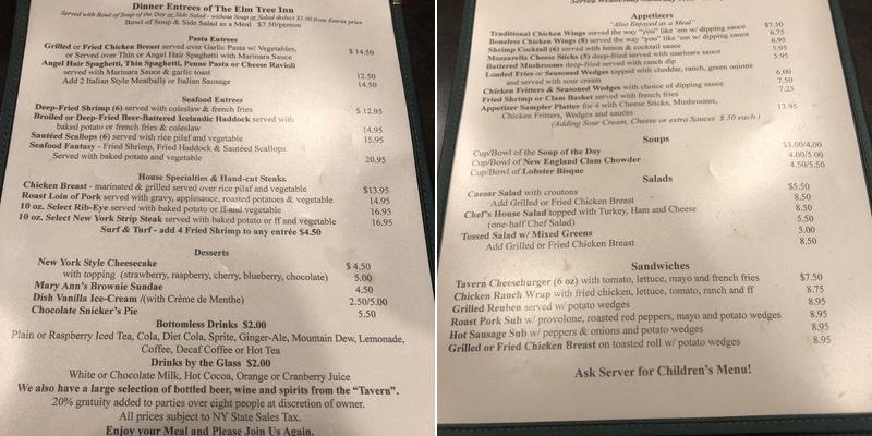 Elm Tree Inn Menu