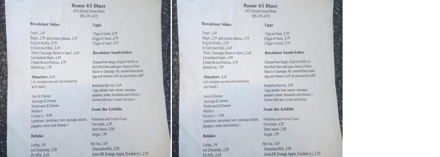 Route 63 Diner Menu