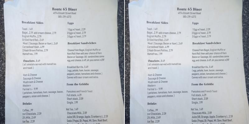 Route 63 Diner Menu