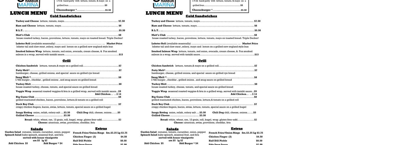 SNUG HARBOR MARINA Menu