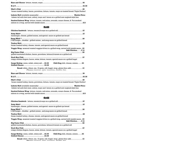 SNUG HARBOR MARINA Menu