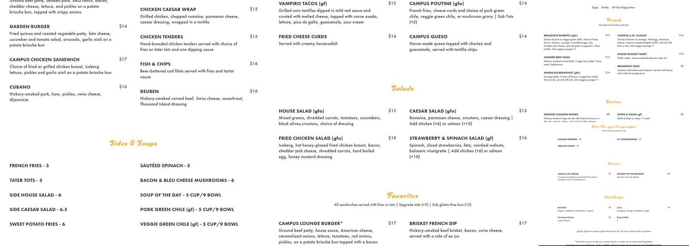 Campus Lounge Menu