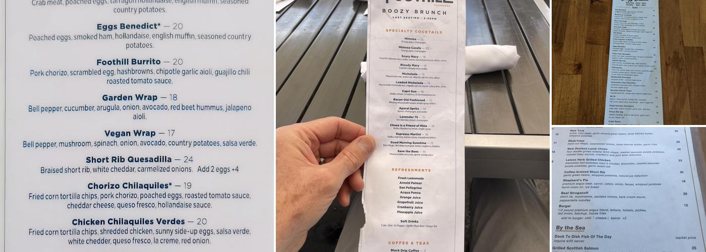 foothill restaurant Menu