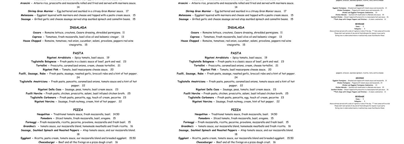 Tre Monte Restaurant & Bar North End Menu