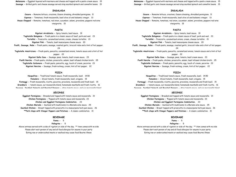 Tre Monte Restaurant & Bar North End Menu