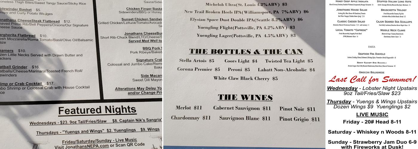 Jonathans Restaurant Menu