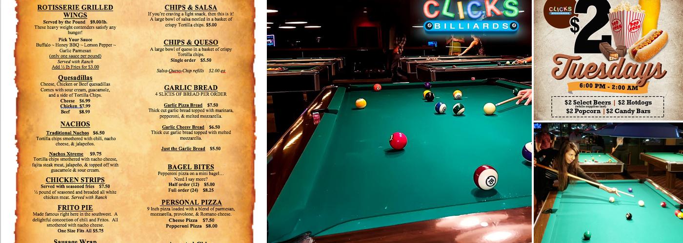 Clicks Billiards Menu